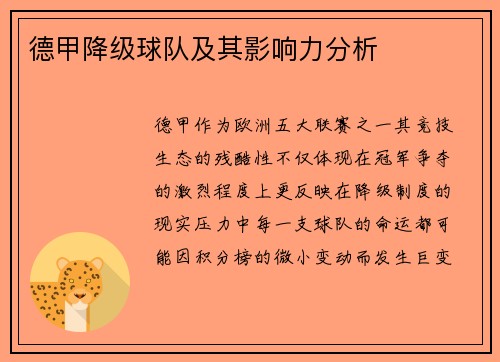 德甲降级球队及其影响力分析