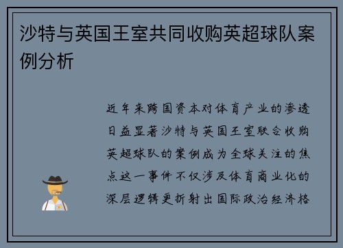 沙特与英国王室共同收购英超球队案例分析