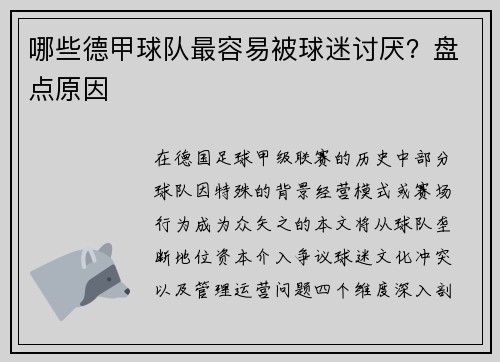 哪些德甲球队最容易被球迷讨厌？盘点原因